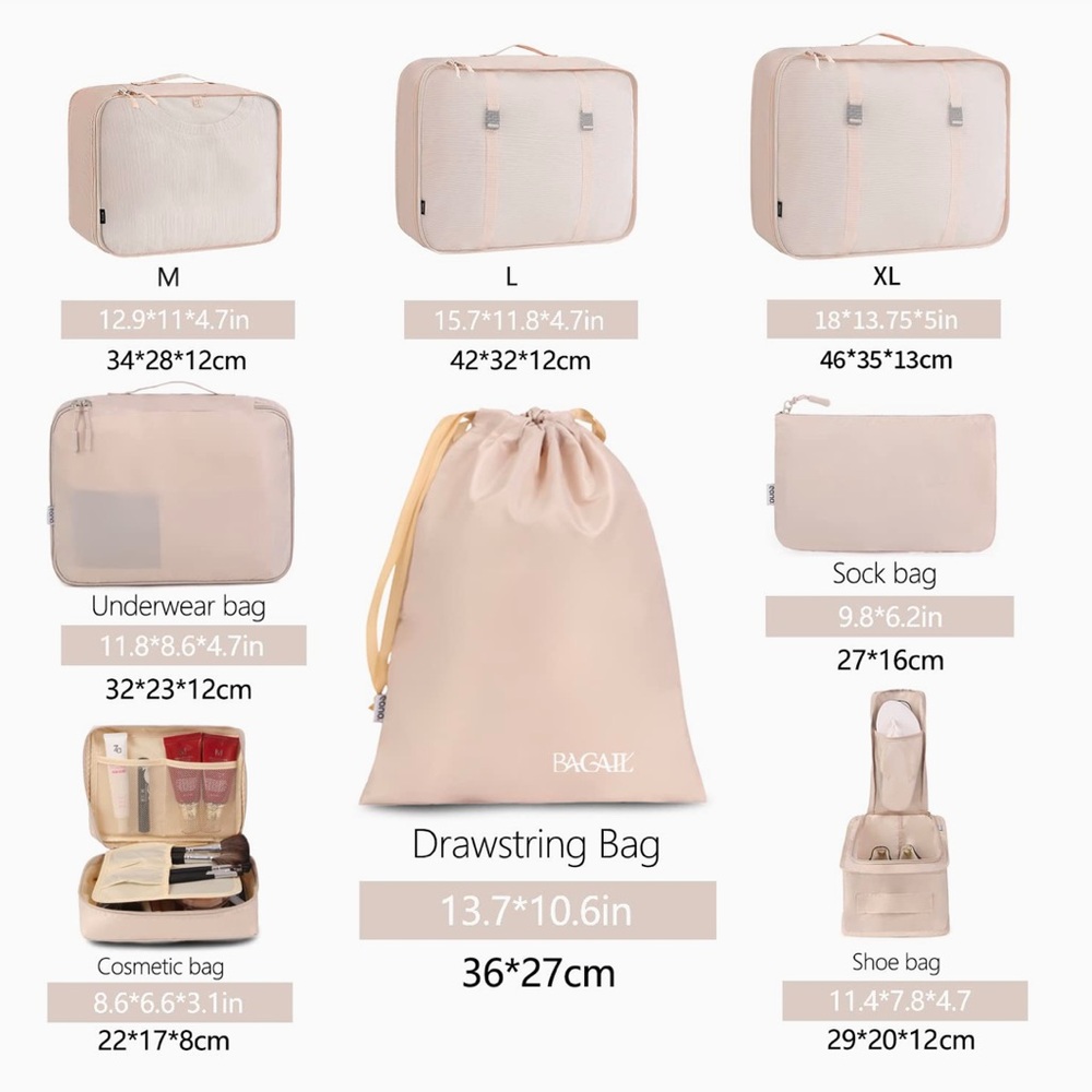 NWOT Bagail 8 piece ready to travel packaging cubes tan color storage is compact